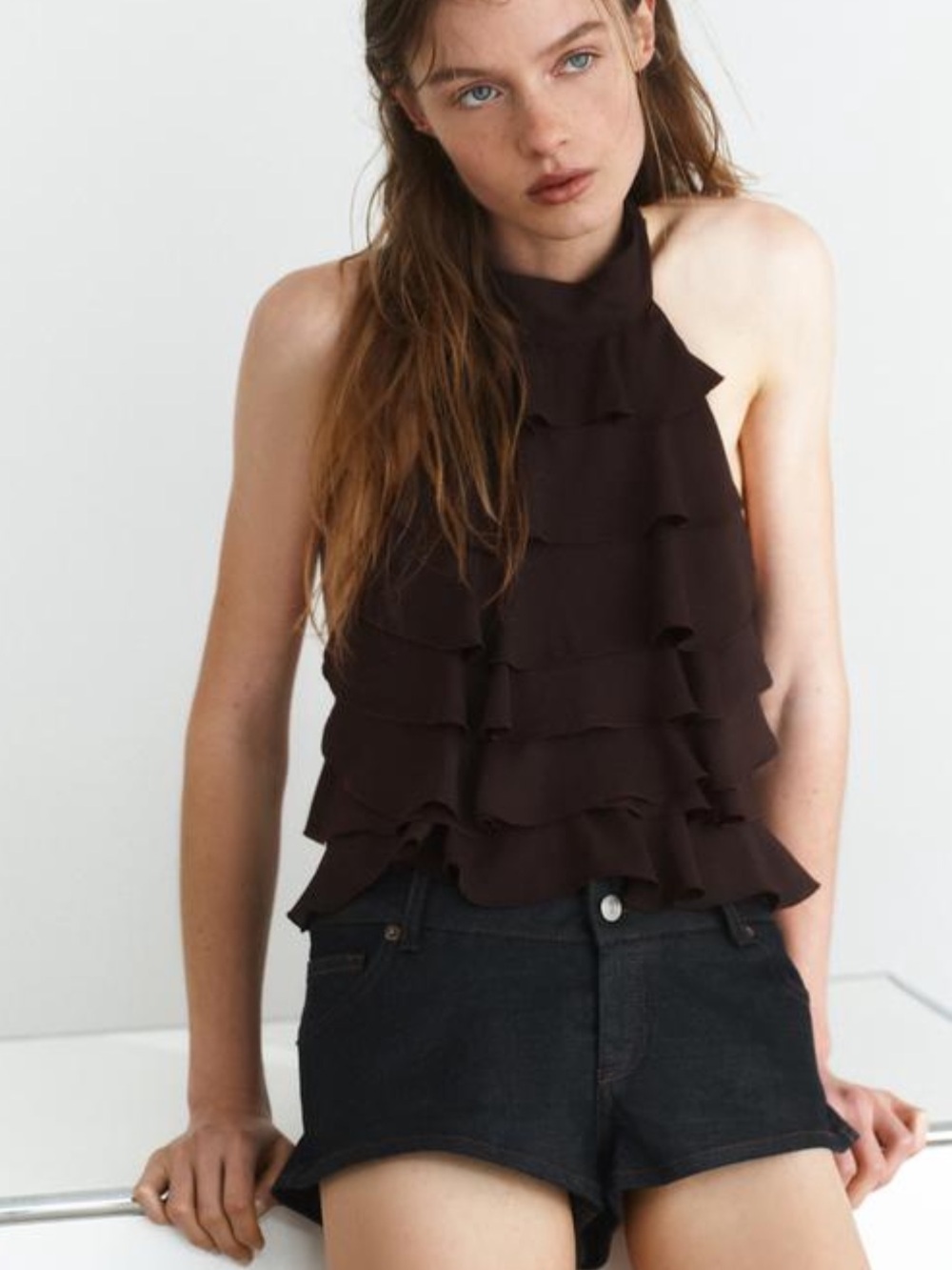Zara Dark Brown Ruffled Halter Camisole